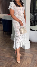 Women Square Collar Lace Printed Elegant Casual Dress