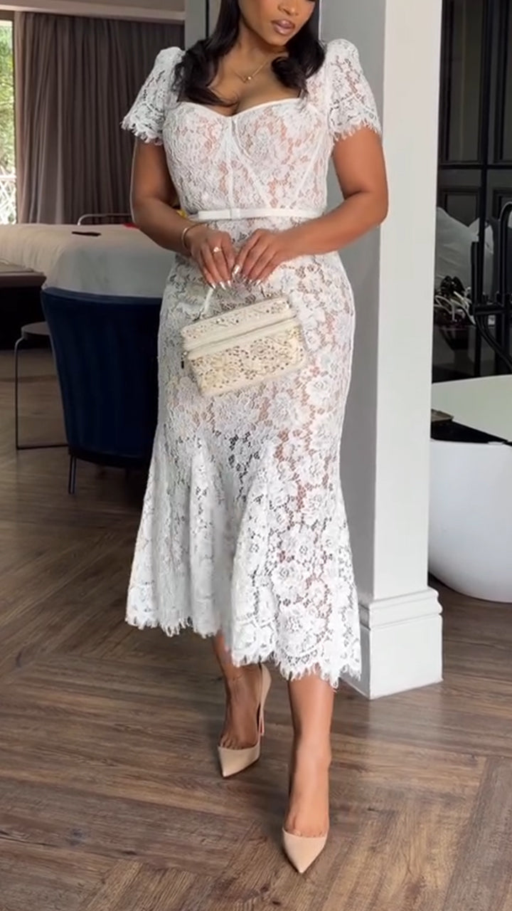 Women Square Collar Lace Printed Elegant Casual Dress