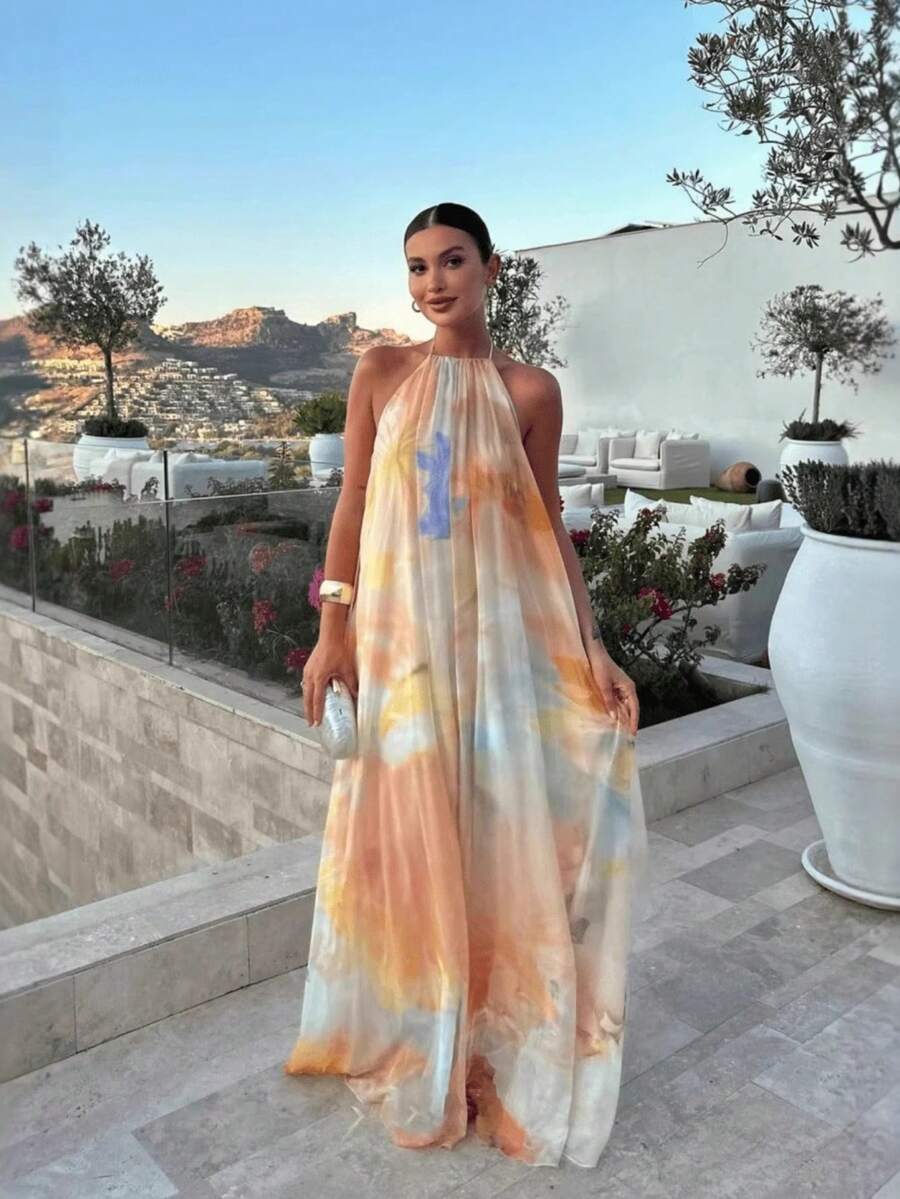 Women's Bohemian Spaghetti Strap Maxi Dress With Flounce Hem, Elegant Sleeveless Summer Sundress, Tie-Dye Flowy Long Dress