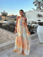 Women's Bohemian Spaghetti Strap Maxi Dress With Flounce Hem, Elegant Sleeveless Summer Sundress, Tie-Dye Flowy Long Dress