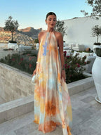 Women's Bohemian Spaghetti Strap Maxi Dress With Flounce Hem, Elegant Sleeveless Summer Sundress, Tie-Dye Flowy Long Dress