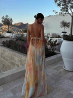 Women's Bohemian Spaghetti Strap Maxi Dress With Flounce Hem, Elegant Sleeveless Summer Sundress, Tie-Dye Flowy Long Dress