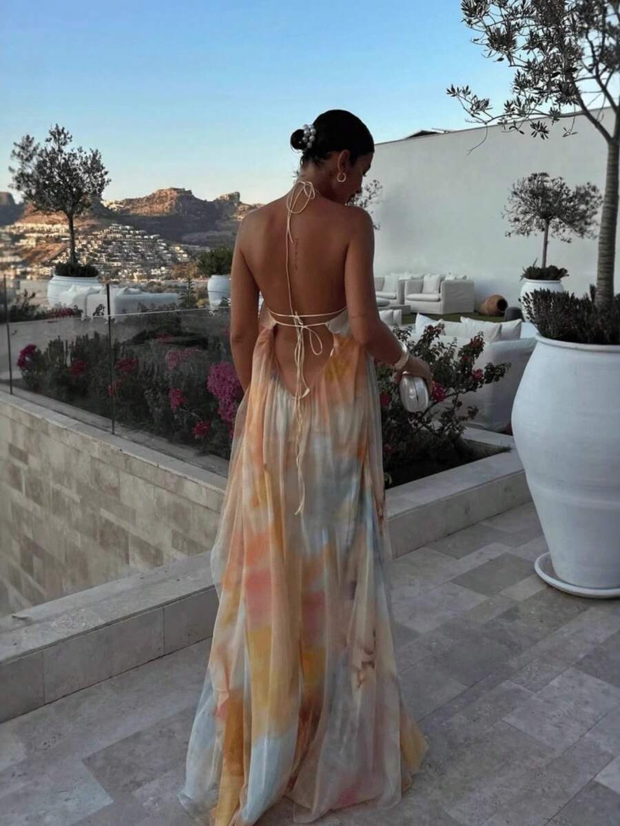 Women's Bohemian Spaghetti Strap Maxi Dress With Flounce Hem, Elegant Sleeveless Summer Sundress, Tie-Dye Flowy Long Dress
