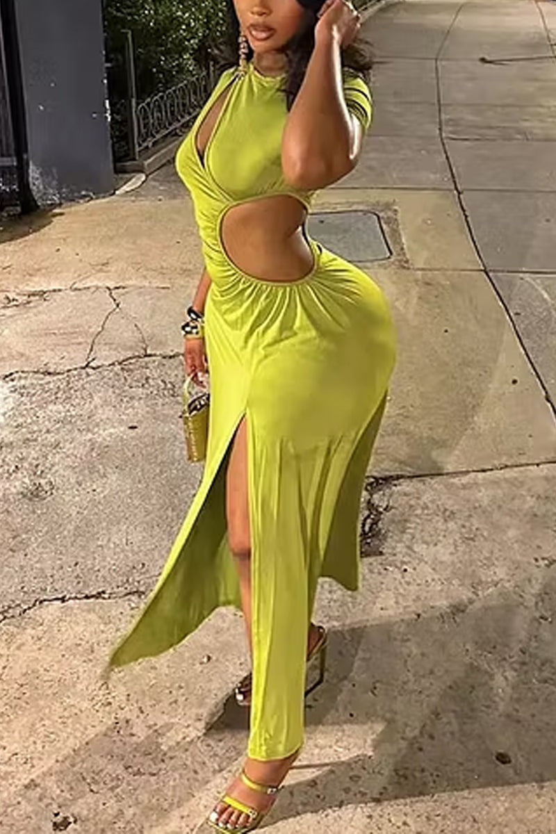 Women's Short Sleeve Ruched Maxi Dress with Bodycon Fit & Waist Cutouts