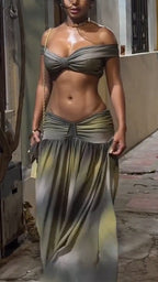 Women Strapless Top+ Low Waist Dyed Half Skirt Beach Vacation Style Casual Suit