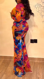 Women Round Neck Printed Jumpsuit + Skirt Vacation Casual Style Set