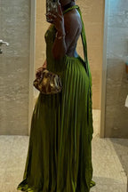 Women's Satin Pleated Halter Evening Gown in Vibrant Green