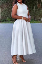 Women's Elegant Round Neck White Tweed A-Line Dress for Formal & Casual