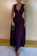 Women's Elegant Button-Trim Knit-Panel Midi Dress