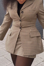 Women Collar Plaid Blazer + Half Skirt Temperament Commuting Formal Suit