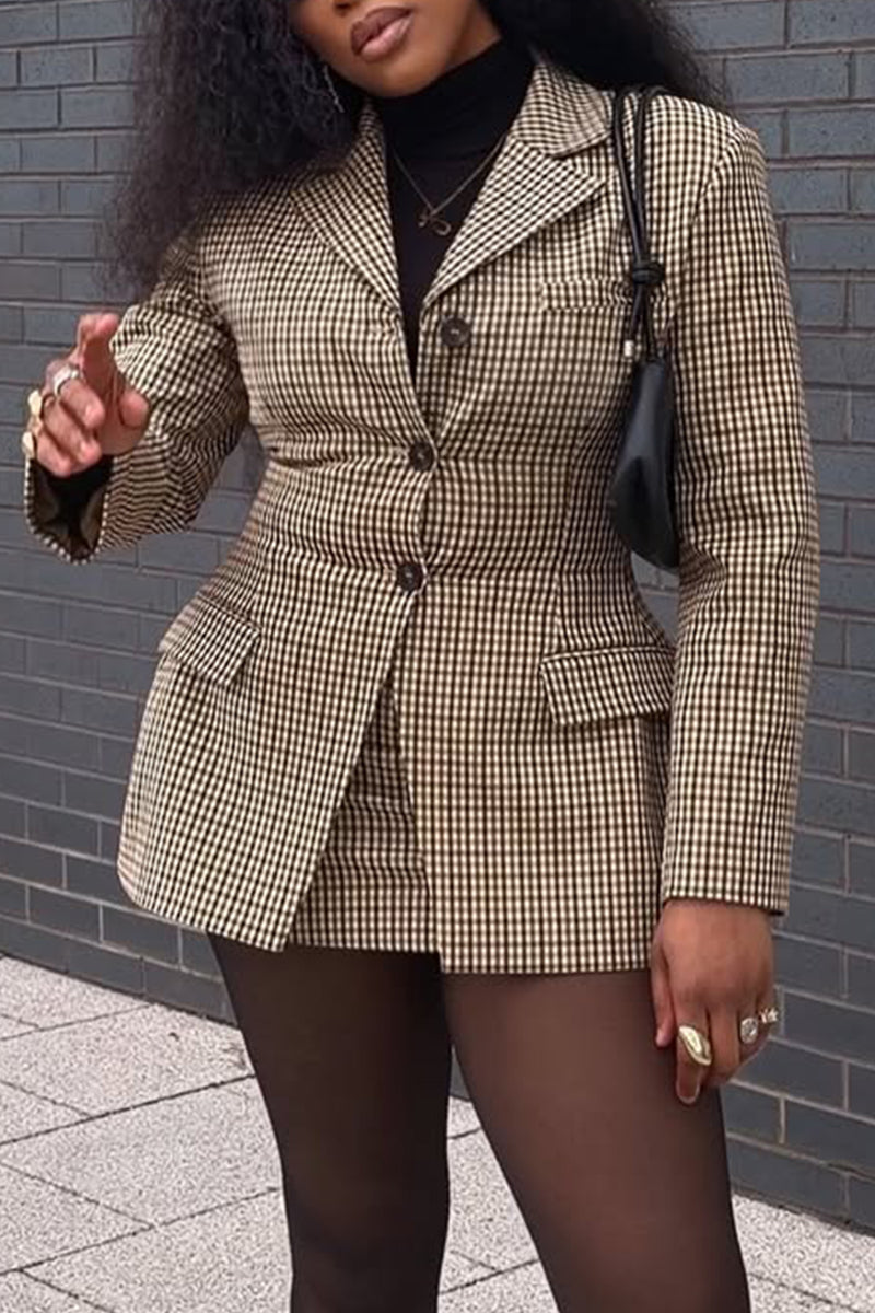 Women Collar Plaid Blazer + Half Skirt Temperament Commuting Formal Suit