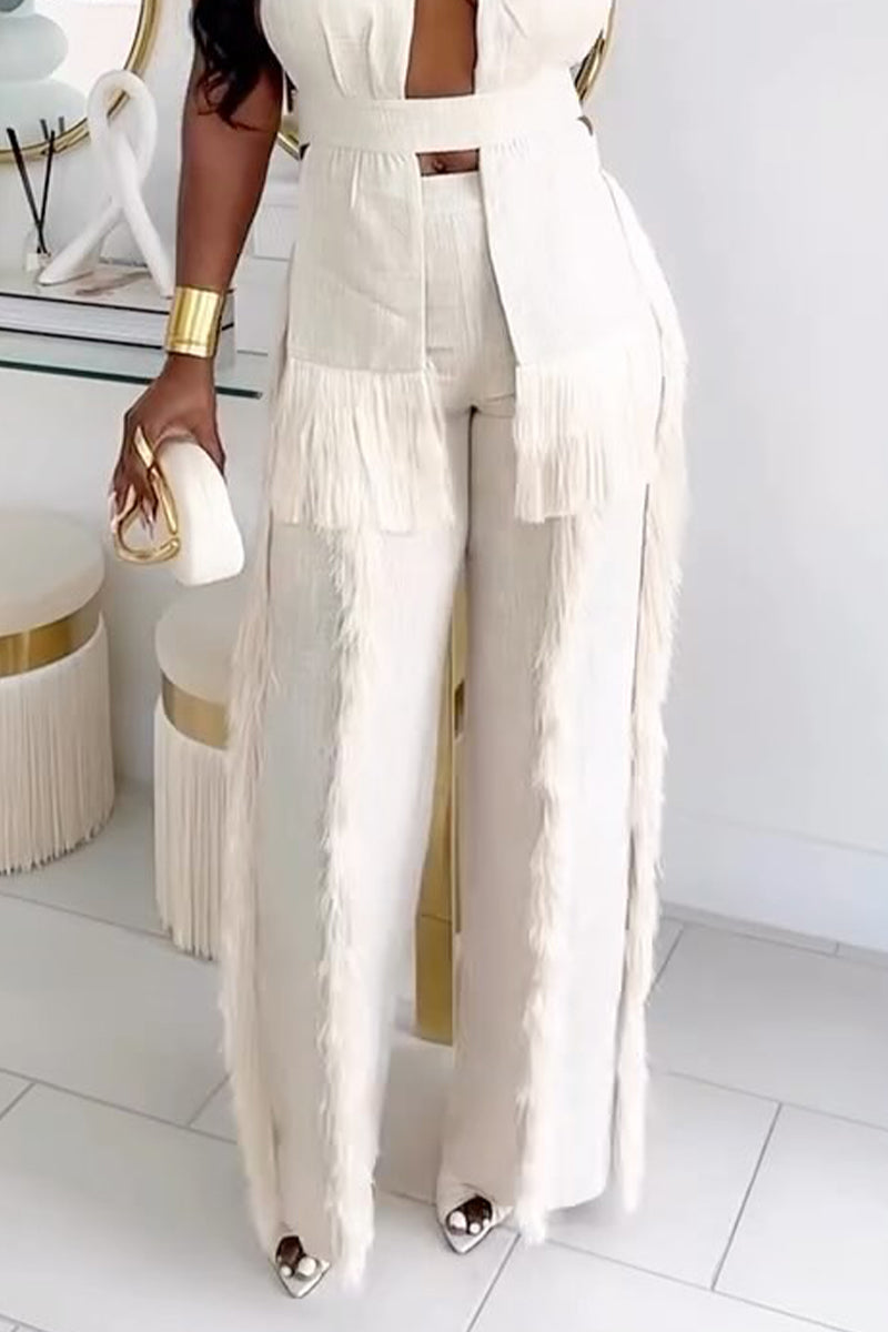 Women's Linen Textured Fringe Trim Halter Vest and Pants