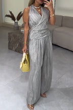 Women V-neck Strap Sleeveless Strap Top + Wide Leg Pants Casual Set
