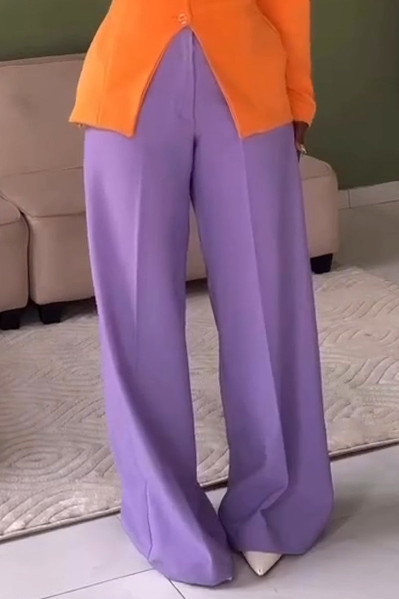 Women Collar Solid Color Slit Formal Jacket or Wide Leg Pants