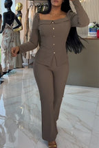 Women Square Neck Breasted Top+ Pants Casual Outfit with Temperament