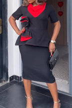 Women Round Neck Spliced Bow Top + Half Skirt Temperament Commuting Style Formal Suit