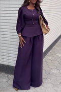 Womens U-neck Waist Cinched Top+ Wide Leg Pants Elegant Temperament Formal Suit