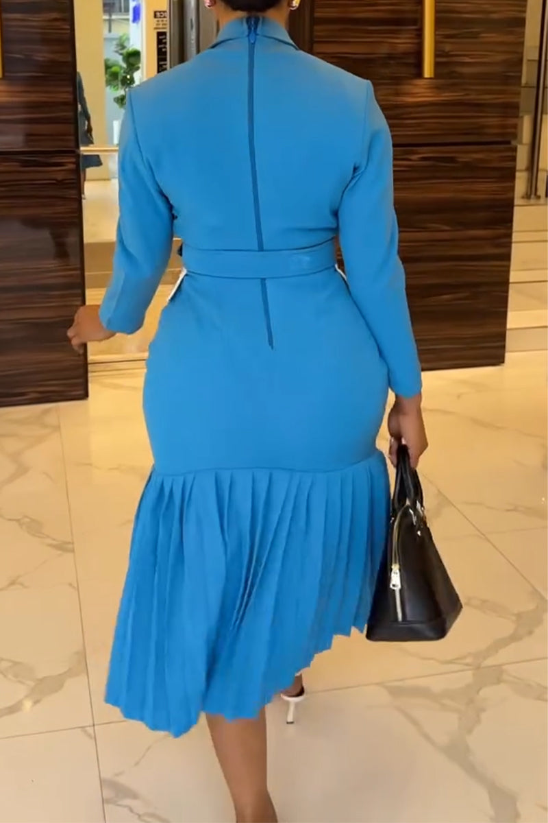 Women Collar Waist Cinching Pleated and Elegant Formal Dress