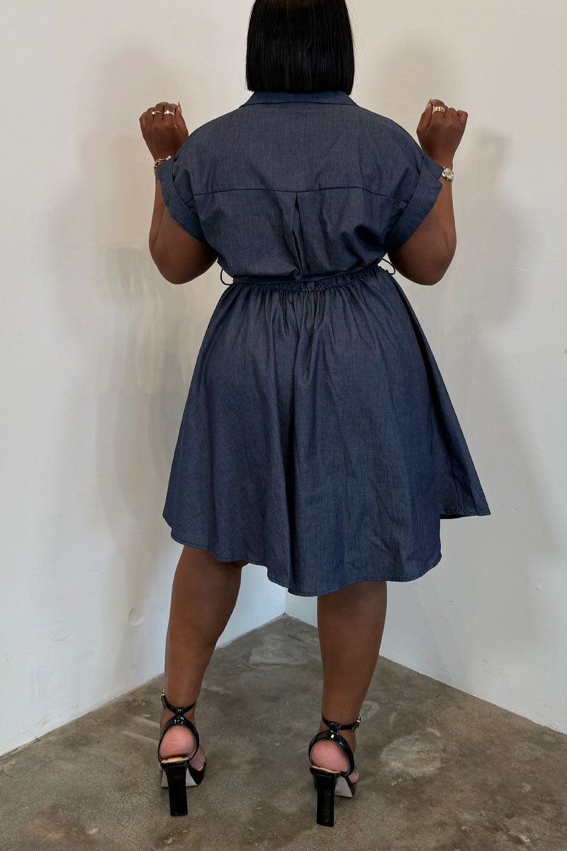 Chambray Short Sleeve Shirt Dress For Curvy Women