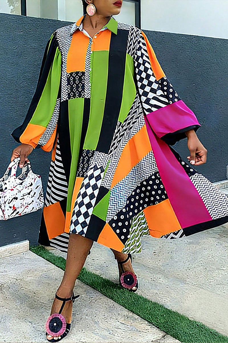 Women's African Ankara Print Patchwork Oversized Shirt Dress