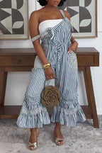 Women Spaghetti Strap Vertically Stitched Loose Casual Jumpsuit