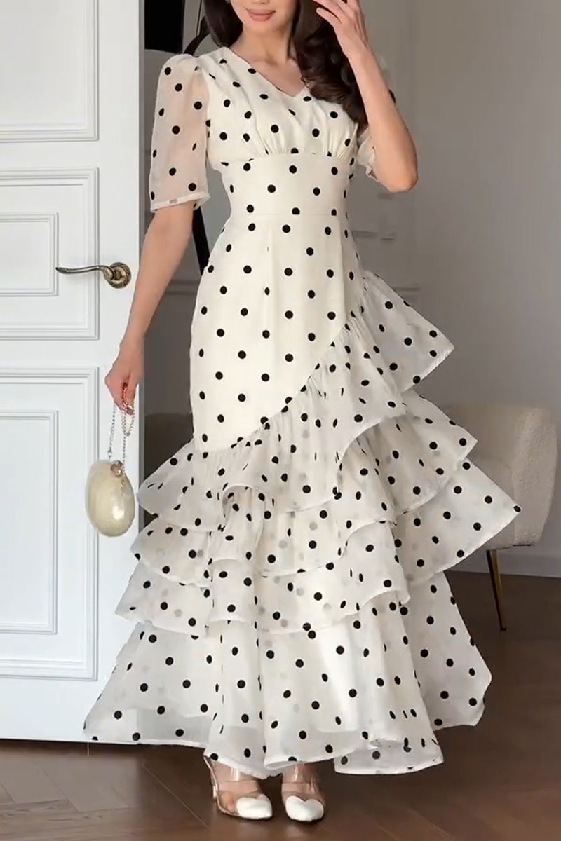 omen's Elegant Tiered Flounce Hem Polka Dot Dress