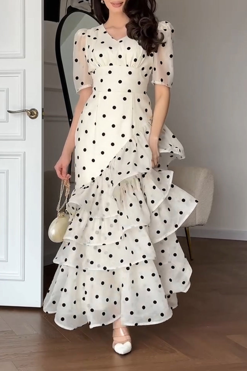 omen's Elegant Tiered Flounce Hem Polka Dot Dress