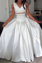 Women V-neck Patchwork Waist Cinching Solid Color Elegant Temperament Dress