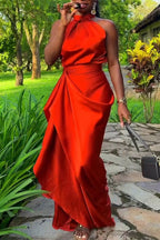 Womens Neck Hanging Sleeveless Waist Cinching and Elegant Temperament Maxi Dresses