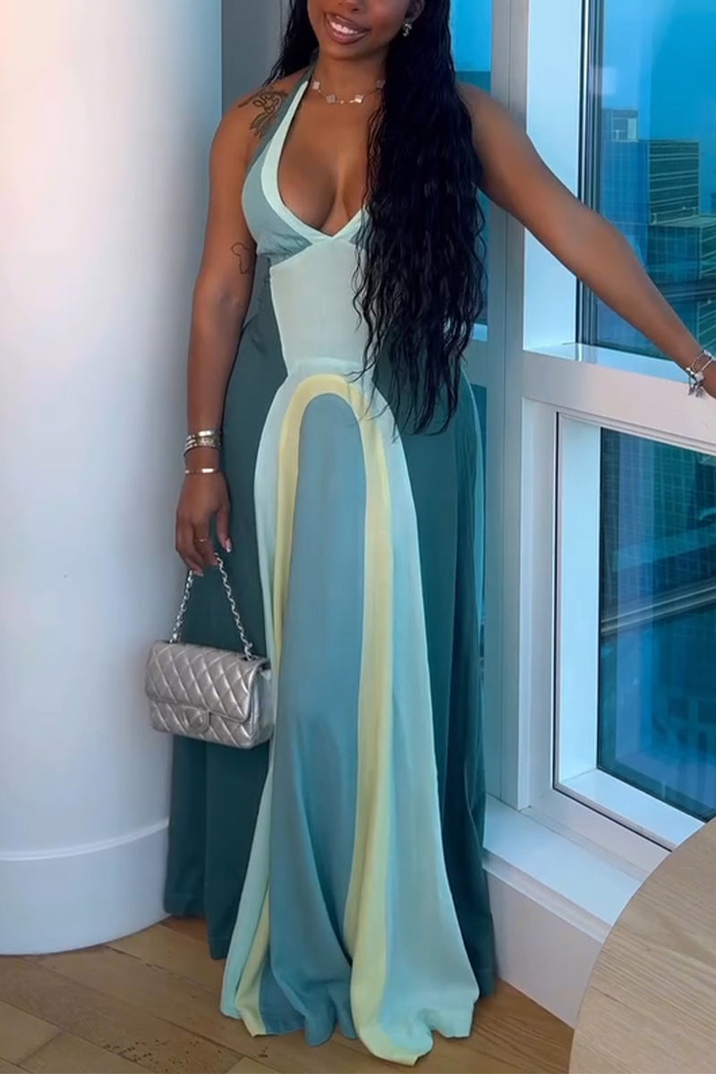 Women Neck Hanging Sleeveless Waist Cinching Contrasting Elegant Temperament Dress