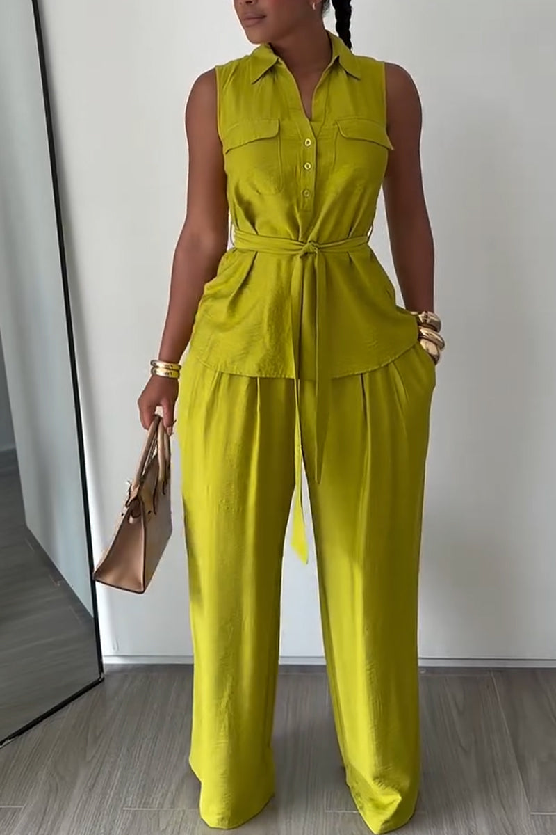Women Collar Sleeveless Top + Wide Leg Pants Casual Set with Temperament