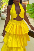 Women Neck Hanging Top + Patchwork Half Skirt Elegant Casual Vacation Casual Style Set