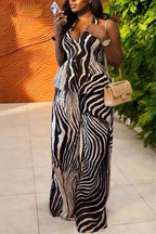 Women Neck Hanging Sleeveless Zebra Print Top+ Wide Leg Pants Casual Suit