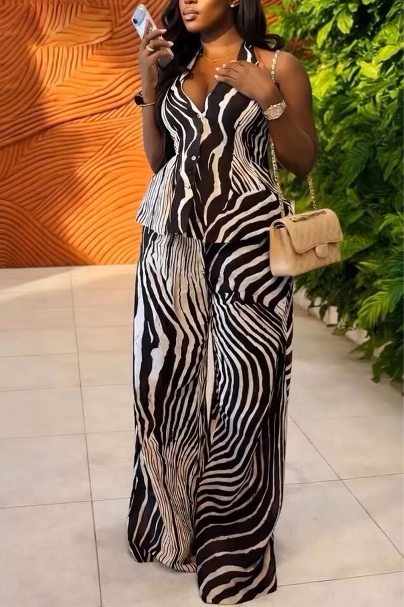 Women Neck Hanging Sleeveless Zebra Print Top+ Wide Leg Pants Casual Suit