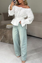 Women Casual One-piece Collar Patchwork Lace Patterned Top or Washed Patchwork Jeans
