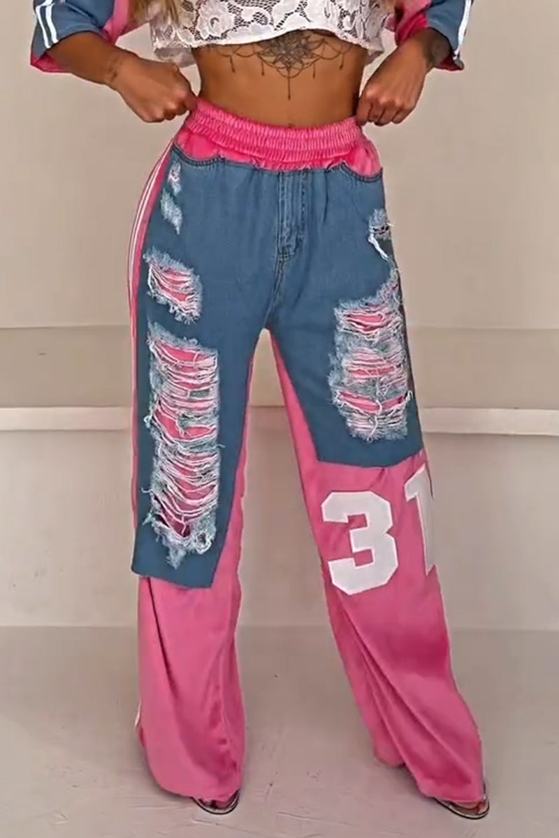 Women Casual Round Neck Patchwork Lace Denim Top or Patchwork Denim Scratch Pants