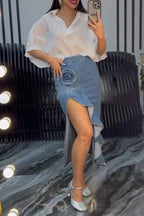 Women Elegant Casual Collar Shirt or Irregular Slit Denim Half Skirt