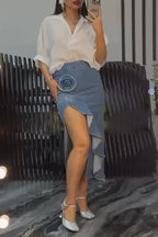 Women Elegant Casual Collar Shirt or Irregular Slit Denim Half Skirt