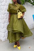Women Round Neck Patchwork Bubble Sleeves Solid Color Elegant Temperament Dress