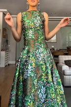 Women's Elegant Satin Botanical Print A Line Hem Dress