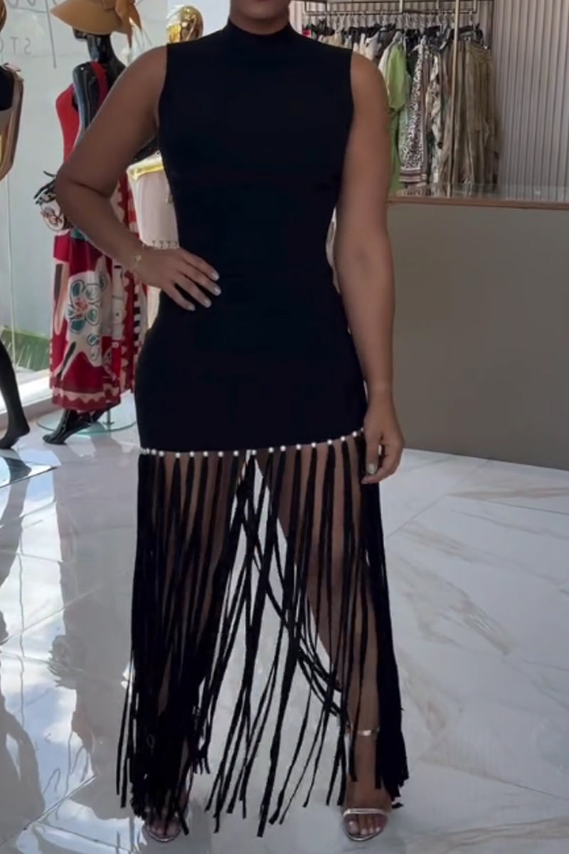 Women's High Neck Fringe Dress with Fitted Bodice and Pearl Accent