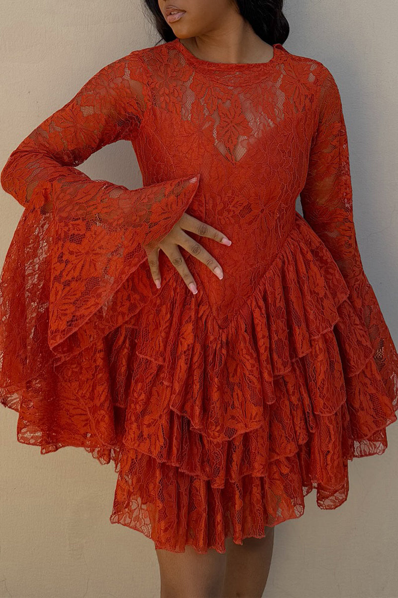 Women's Elegant Flare Sleeve Tiered Hem Lace Mini Dress