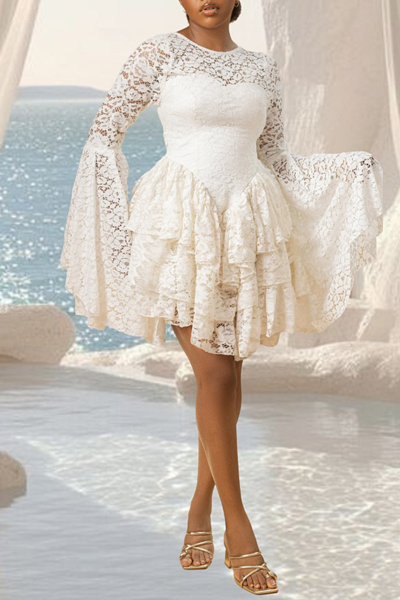 Women's Elegant Flare Sleeve Tiered Hem Lace Mini Dress