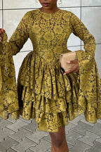 Women's Elegant Flare Sleeve Tiered Hem Lace Mini Dress