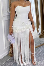 Women's Strapless Floral Tassel Maxi Dress
