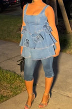 Women's Square Neck Sleeveless Denim Dress with Floral Accents