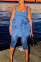 Women's Square Neck Sleeveless Denim Dress with Floral Accents