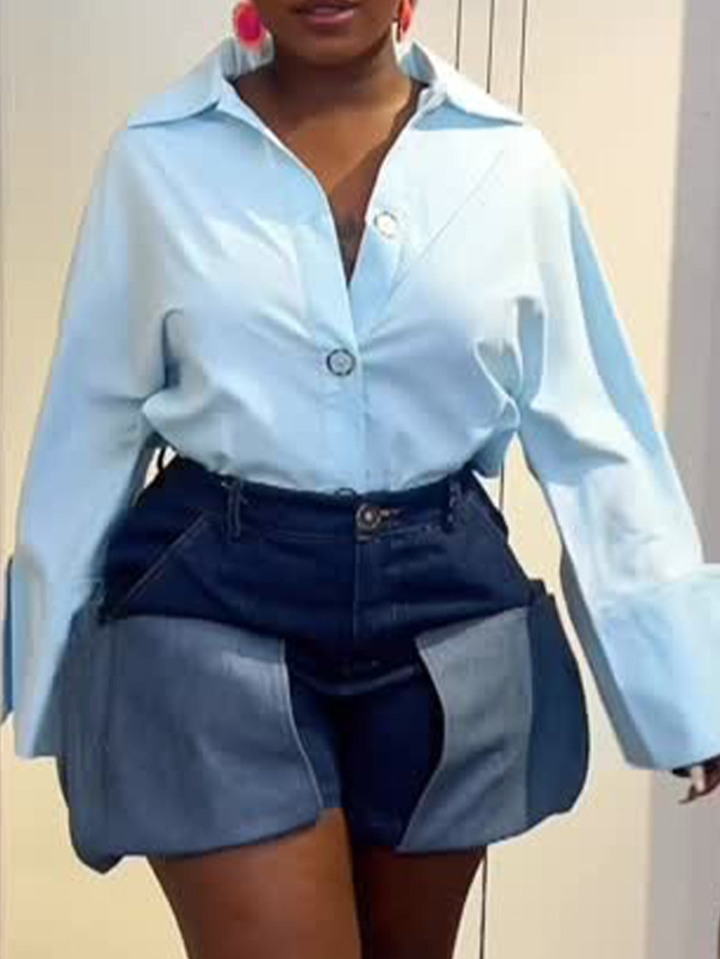 Women's Layered Flap Pocket Loose Fit Dark Denim Shorts