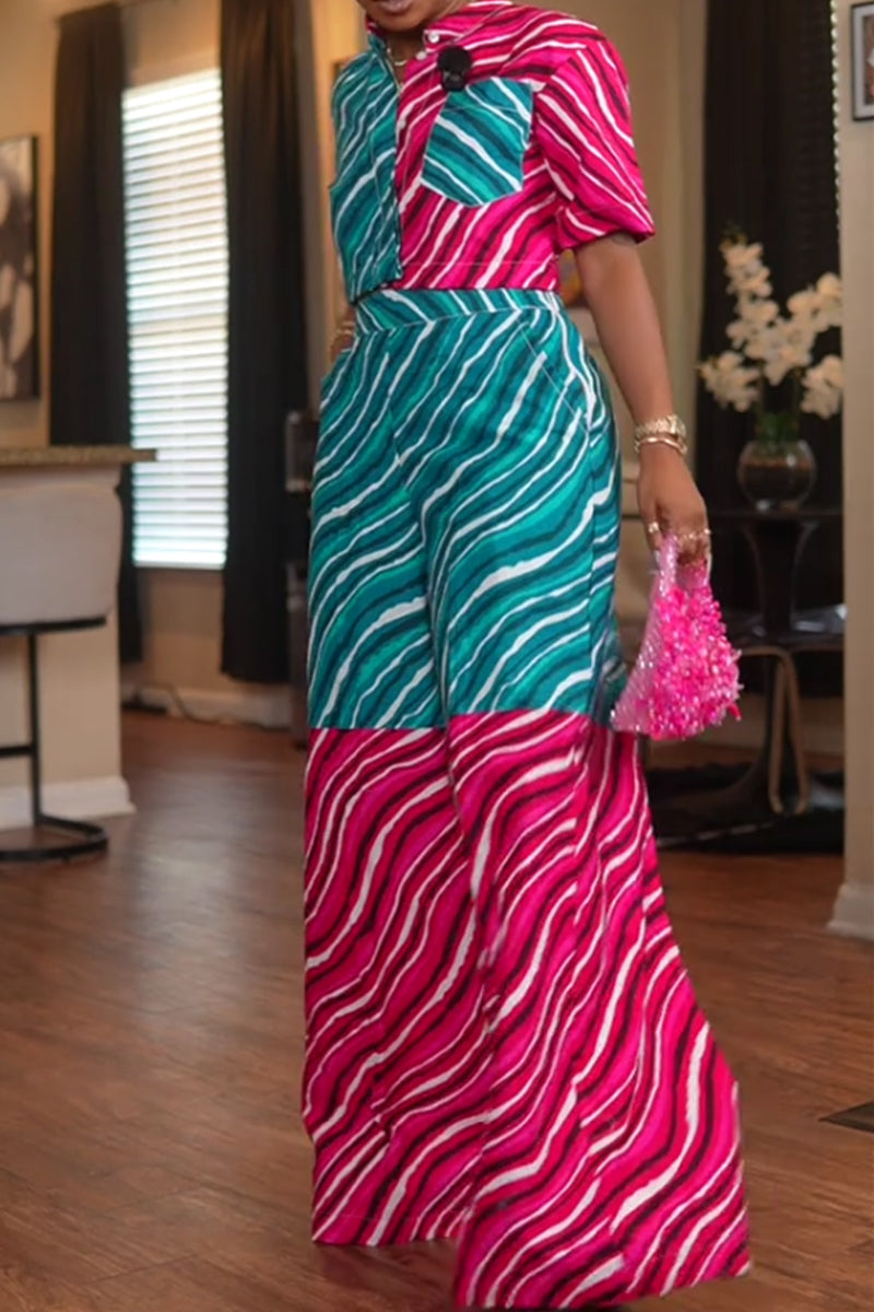 Women's Casual Striped Print Color Block Short Colour Top Or Color Blocked Print Wide Leg Trousers
