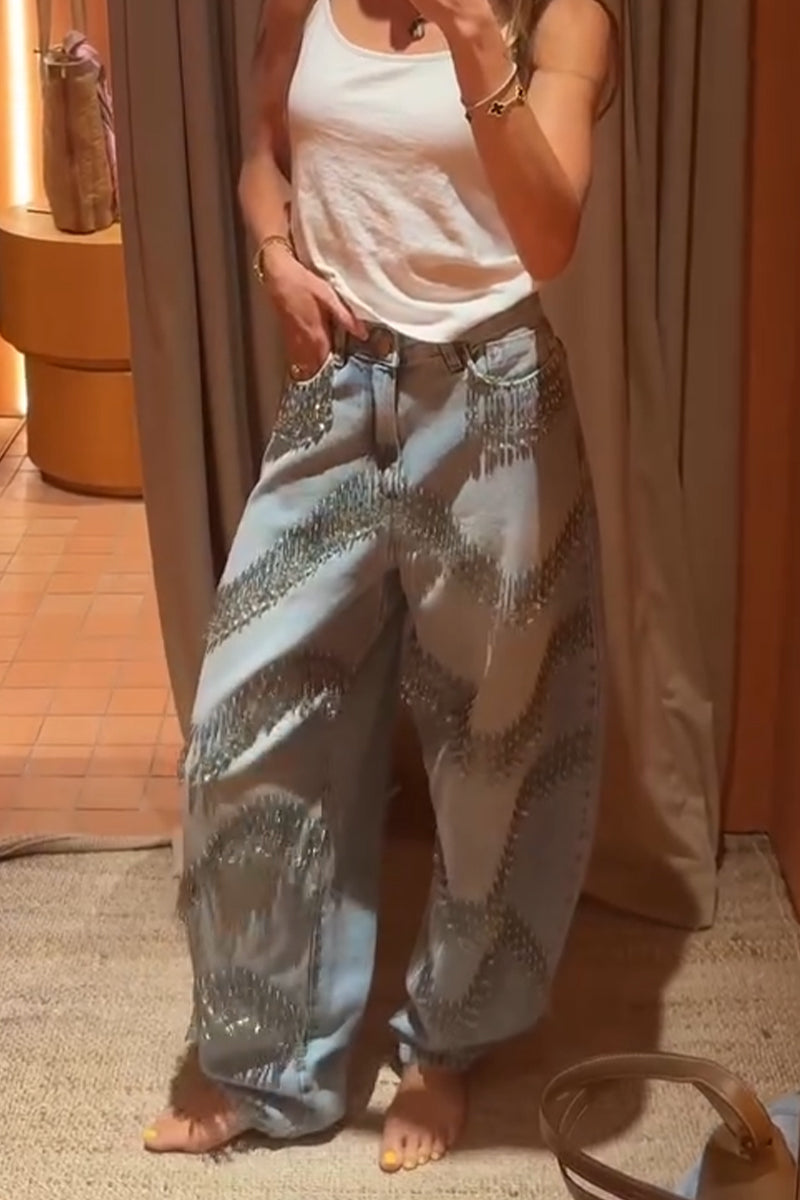 Women Patchwork Tassel Washed Casual Wide Leg Jeans